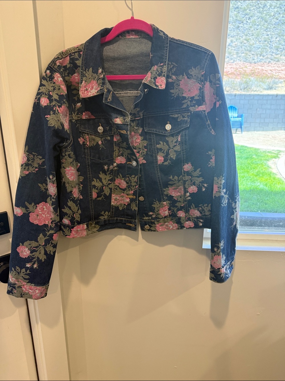 Floral Denim Jacket - Pink Floral on Dark Blue